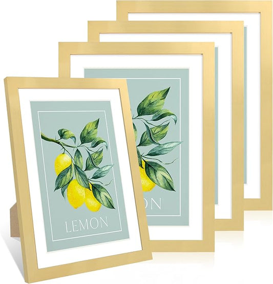 10x14 Picture Frame Set of 4, 10 x 14 Wood Photo Frames with Mat for 8x12 or 30x40cm Diamond Painting Art, Wooden Frame with Real Glass Cover for Wall and Tabletop Display,Gold-HomvellaHome