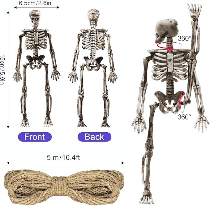 10 Pcs mini skeleton halloween decoration With hemp rope，6”small plastic posable halloween tiny skeleton figurines decor for Halloween Indoor Outdoor Graveyard Decor Haunted House Party Favors-HomvellaHome