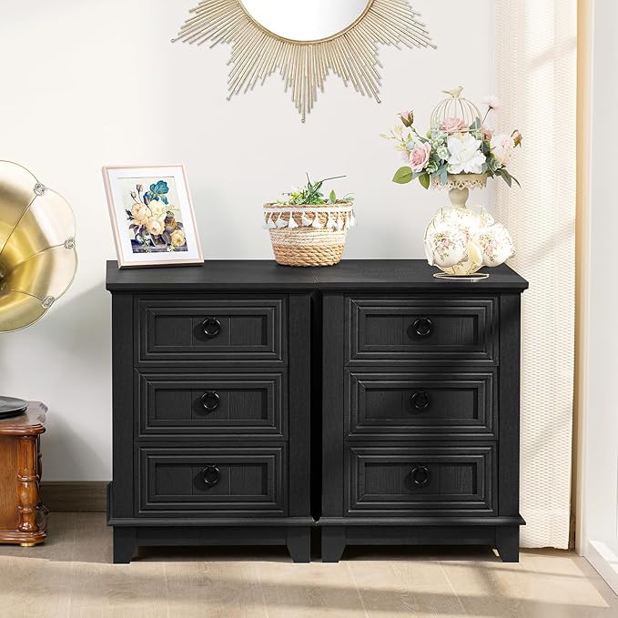 18" Farmhouse Night Stand with 3 Drawers, Wood End Table Dresser for Bedroom, Black Nightstand, Bed Side Table with Metal Handle, Bedside Cabinet for Bedroom Living Room, Closet-HomvellaHome