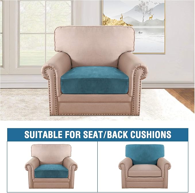 H.VERSAILTEX Velvet Stretch Couch Cushion Cover Plush Cushion Slipcover for Chair Cushion Furniture Protector Seat Cushion Sofa Cover (1 Piece Armchair Cushion Covers, Peacock Blue)-HomvellaHome
