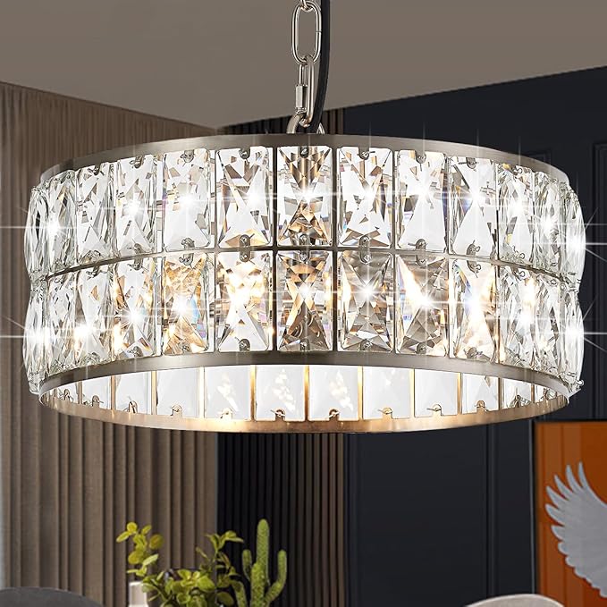 12” 3-Light Modern Crystal Chandeliers Nickel Dinning Room Light Fixture, Round Pendant Light Kitchen Island Chandelier, Flush Mount Ceiling Light for Living Room Entryway Bedroom Foyer-HomvellaHome