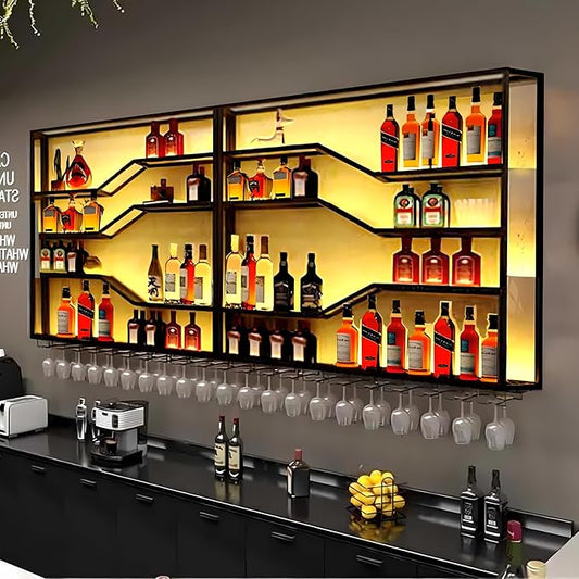 105in Large Wall Mounted Wine Rack with LED Light, 5-Tiers Liquor Bottles Display Shelf with Glasses Holder, Metal Home Bar Shelves with Iron Frame for Kitchen Dining Room (Black, 105in/8.72ft)-HomvellaHome