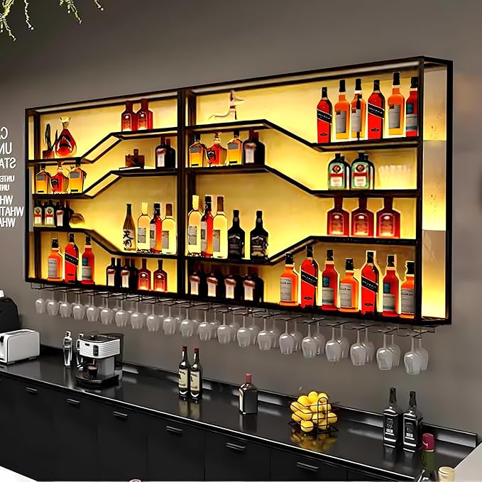 118in Wall Mounted Wine Rack with LED Light, 5-Tiers Liquor Bottles Display Shelf with Glasses Holder, Metal Home Bar Shelves with Industrial Iron Frame for Kitchen (Black, 118in/9.84ft)-HomvellaHome