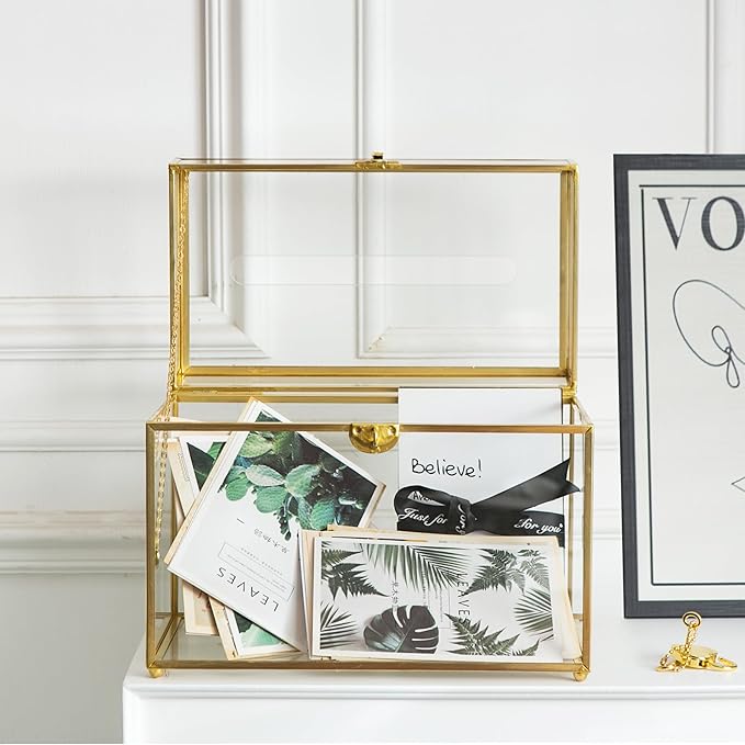 Glass Wedding Card Box with Slot, 10.2 inch Clear Card Box Gold Brass Gift Card Storage Box with Lock Perfect for Wedding Receptions, Baby Shower, Birthday Party, Bridal Shower-HomvellaHome