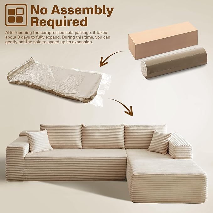 104" Cloudy Sectional L Shaped Couch for Living Room, No Assembly Required, Modular Comfy Sofa with Deep Seat, Fluffy Couch with Sleeper Chaise for Apartment Lounge (Beige)-HomvellaHome