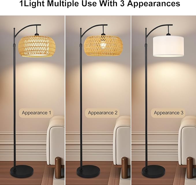 Arc Floor Lamps for Living Room Rattan Boho Floor Lamp with Remote Control,Dimmable LED Floor Lamp Wicker Lamp Shades Black Standing Lamp with 3 Color Temperature Tall Floor Lamps For Bedroom Corner-HomvellaHome