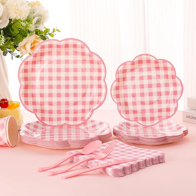 175 Pcs Pink Gingham Plates and Napkins Party Supplies - Pink and White Checkered Plates Sets Serve 25 Guests - Scalloped Gingham Paper Plate for Birthday Wedding Picnic Party Decorations-HomvellaHome