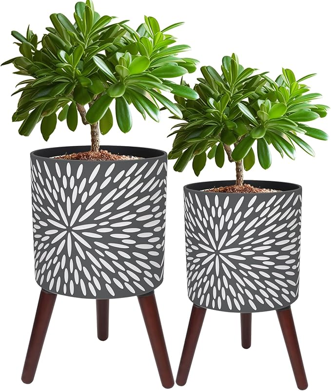 10 & 12 Inches Plant Pot with Stand Set of 2, Large Matte Gray Modern Planters for Indoor Outdoor Plants with Drainage Holes, Big Flower Pots with Wood Legs-HomvellaHome