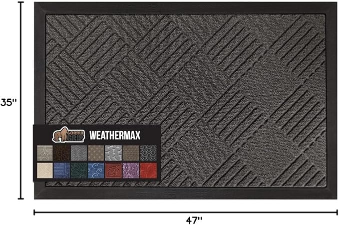 GORILLA GRIP 100% Waterproof All-Season WeatherMax Doormat, 47x35, US Designed Natural Rubber, Stain and Fade Resistant, Low Profile Indoor Outdoor Door Mats, Easy Clean Patio Mat, Gray Diamond-HomvellaHome