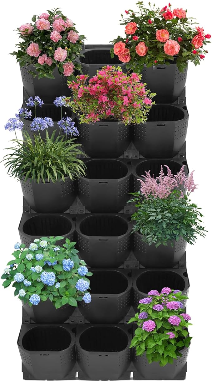 12Pieces 3-Pot Wall Planter Vertical Garden Plant Walls Wall Mounted Vertical Planter with Water-Storage Layer Stackable Wall-Mounted Flower Pot for Gardens, Balconies 180.78lbs Total Capacity (Black)-HomvellaHome
