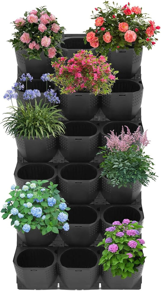 12Pieces 3-Pot Wall Planter Vertical Garden Plant Walls Wall Mounted Vertical Planter with Water-Storage Layer Stackable Wall-Mounted Flower Pot for Gardens, Balconies 180.78lbs Total Capacity (Black)-HomvellaHome