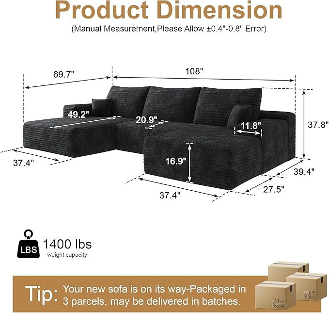 108" Sectional Couches for Living Room Modern Modular Sofa with L-Shape Couchs Upholstered Boneless Couch Deep Seat Sectional Couch with Chaise (Black, Left Facing Chaise+2Seaters+1Ottoman)-HomvellaHome