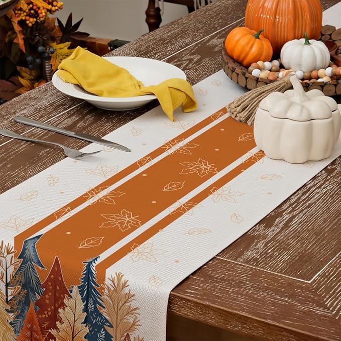 GEEORY Fall Watercolor Trees & Maple Leaves Striped Table Runner 13x72 Inch, Rustic Farmhouse Autumn Thanksgiving Decor for Kitchen, Dining, Indoor/Outdoor Holiday Dinner Party Orange GT157-72-HomvellaHome