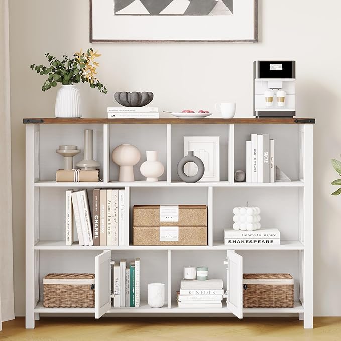 11 Cube Storage Organizer Bookshelf, Wooden Open Cube Shelf Bookcase, Farmhouse Display Book Shelf, 3 Tier Cube Bookshelves with Storage, Rustic White-HomvellaHome