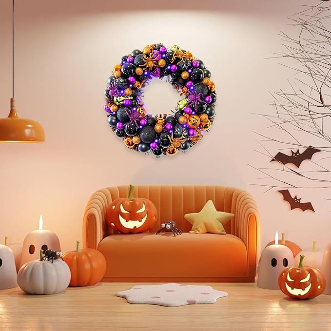 17 Inch Halloween Ball Wreath for Front Door with Lights, Lighted Cute Treat-or-Trick Door Wreath Ball Ornament for Halloween Indoor Decorations Centerpiece Party Holiday Wall Home Decor-HomvellaHome