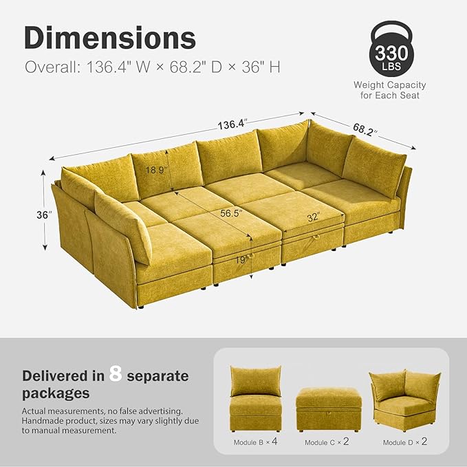 136.4" Oversized Modular Sectional Sleeper Sofa Bed, U Shaped Convertible Couch with Movable Ottoman, Large 8 Seat Corner Couches for Living Room Deep Seat Yellow Chenille-HomvellaHome
