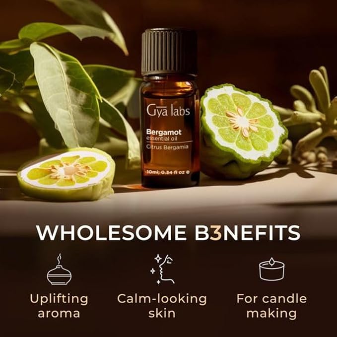 Gya Labs Bergamot Essential Oil - 0.34 Fl Oz - 100% Pure and Natural Bergamot Aromatherapy Essential Oil Uplifts Mood for Emotional Balance, Soothes Skin, Diffuser & Candle Making Scent-HomvellaHome