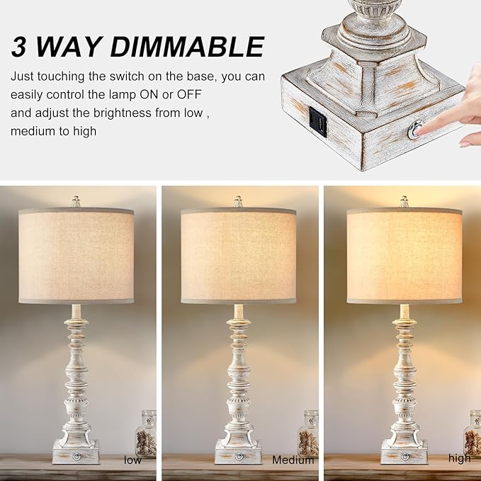 Farmhouse Table Lamps for Bedroom Set of 2 Vintage 3-Way Dimmable Touch Control Nightstand Lamps, Bedside Lamps for Living Room, Traditional Nightstand Lamp End Table lamps 28.5" (Bulbs Included)-HomvellaHome