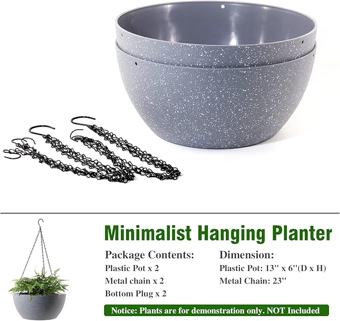 13 inch Large Hanging Planters Plant Pots for Outdoor Indoor Plants with Drainage Holes and Chain, 2 Pack Round Hanging Flower Pots for Garden Home Porch Decor, Speckled Grey-HomvellaHome