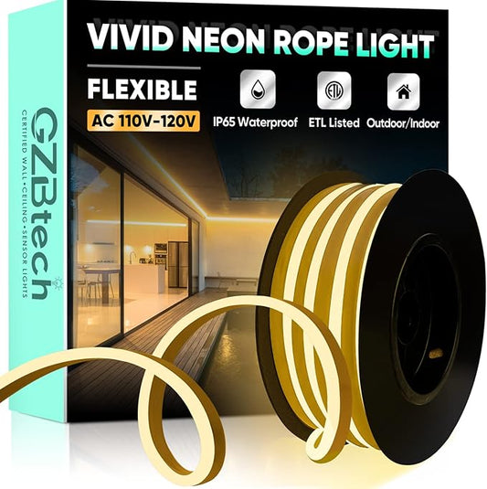 GZBtech Flexible LED Neon Rope Lights 16.4FT,AC 110-120V Waterproof Strip Light, 120LEDs/M Cuttable Connectable Neon Lighting for Indoor Outdoor Home Decor/Commercial Building Use-Warm White 5M-HomvellaHome