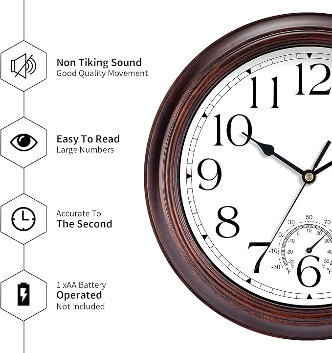 10 Inch Outdoor Wall Clock with Thermometers, Vintage Silent Wall Clocks Battery Operated, Retro Non-Ticking Clock Decorative for Living Room, Patio, Kitchen, Office, Bathroom, Bedroom(Bronze)-HomvellaHome