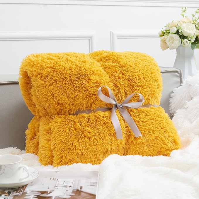GONAAP Fuzzy Faux Fur Throw Blanket Queen Size Mustard Yellow Super Soft Cozy Plush Fuzzy Shaggy Blanket for Couch Sofa Bed (Mustard Yellow, Queen(90"x90"))-HomvellaHome
