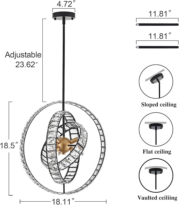 18" Crystal Globe Sputnik Chandelier, 6-Light Black Gold Modern Adjustable Hanging Ceiling Pendant Light Fixture for Entryway Foyer Stairway Bedroom Dining Living Room Hallway-HomvellaHome