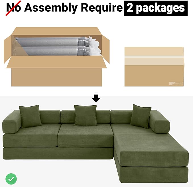 108" Oversized Convertible Sleeper Sofa Bed, Corduroy L Shape Sectional Couch, Folding Sofa Bed with Side Pocket, Modern Cloud Floor Mattress Couch, Modular Sofa for Living Room, Green-HomvellaHome