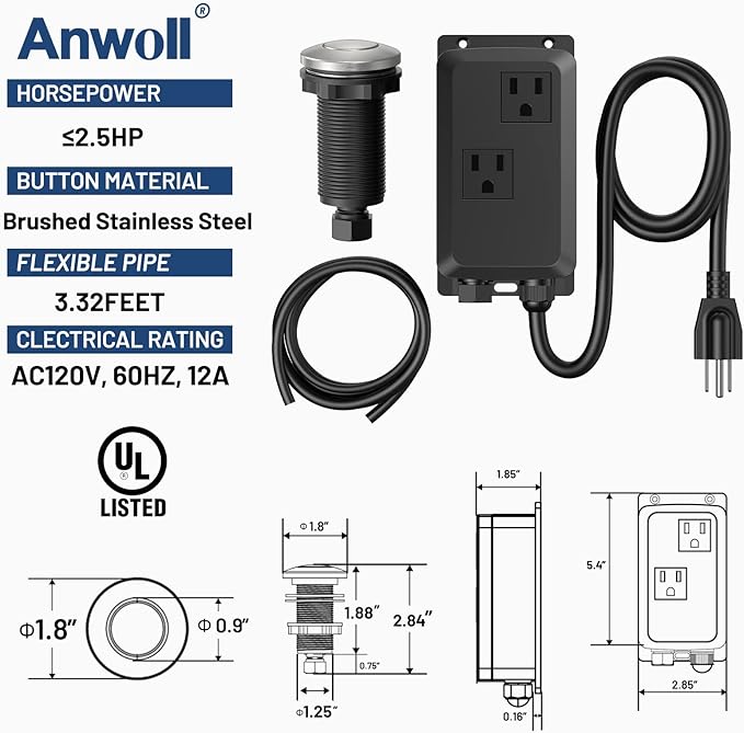 Garbage Disposal Air Switch Kit -Professional- Dual Outlet, Sink Top Waste Disposer On/Off, Garbage Disposal Button, UL Listed-HomvellaHome