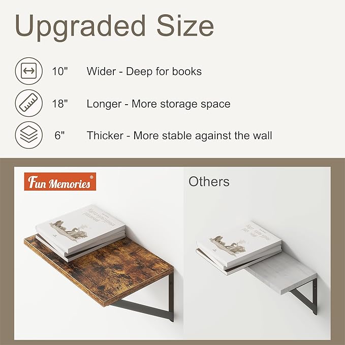 18"W x10"D Floating Shelves, Farmhouse Wall Shelves Home Decor Shelf, Deep Bathroom Shelves with Bracket, 10 Inch Deep Wall Shelf for Living Room, Kitchen, Bedroom, Rustic Brown, Set of 2-HomvellaHome