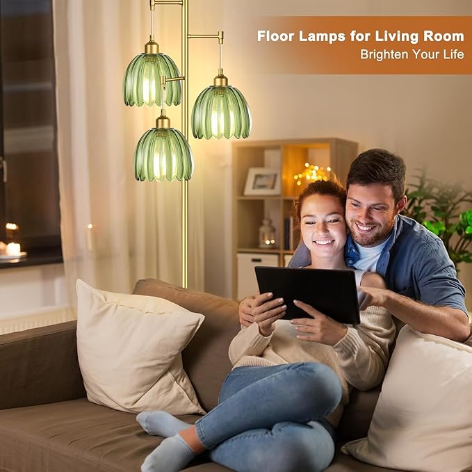 Gold Floor Lamp for Living Room,Bedroom,Mid Century Modern Standing Lamp Brass Tree 3 Light Tall Floor Lamps Vintage Retro Floor Lights Glass Green Flower Lamp Shade Farmhouse Boho Bohemian-HomvellaHome