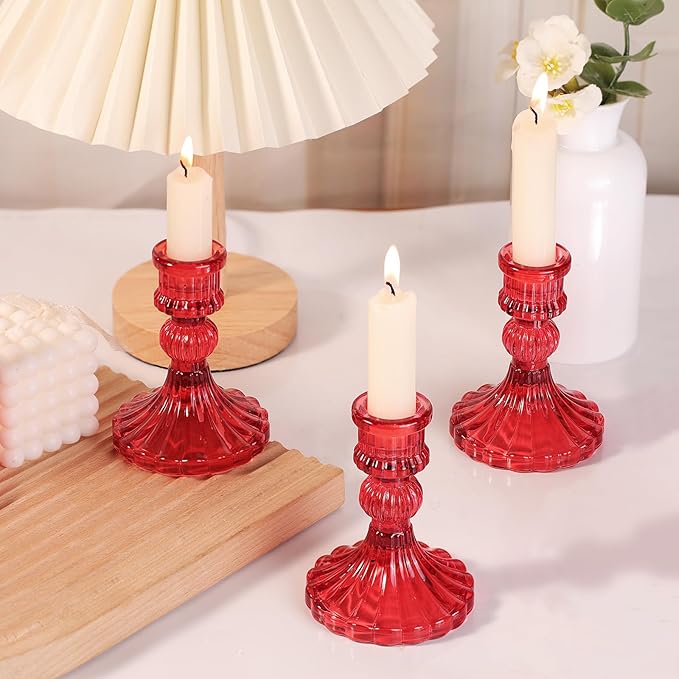 12PCS Red Candlestick Holders Set- 4" H Taper Candle Holders, Glass Candle Holders Bulk for Activities, Party, Home Table Centerpieces, Festival Gifts & Windowsill Decor-HomvellaHome