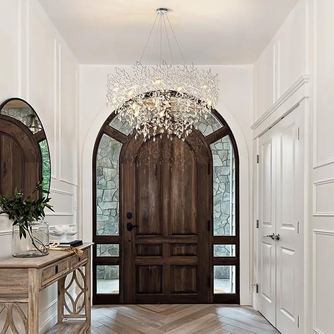 14-Light Modern Living Room Crystal Chandeliers,48" Round Silver Tree Branche Chandelier,Silver K9 Crystal Chandeliers for Dining Room,High Ceiling,Entryway、Foyer-HomvellaHome