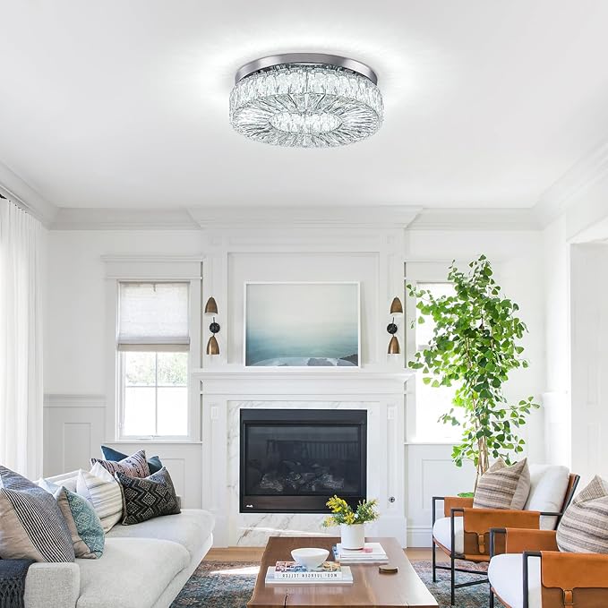 16.5" Crystal Chandelier LED Modern Flush Mount Ceiling Light Fixtures Round Ring Luxury Large Chandelier for Living Room Bedroom Dining Room Entrance (Cool white-16.5")-HomvellaHome