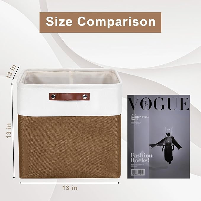 13x13 Cube Storage Bins, Collapsible Fabric Storage Box, 4 Pack Closet Baskets with Handles for Organizing, Shelf, Toys, Clothes, Home, Office, Nursery (Brown&White)-HomvellaHome