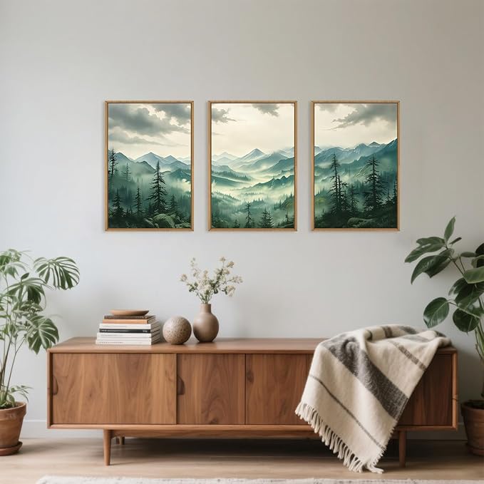 Green Foggy Mountain Framed Canvas Wall Art Set, Misty Forest Wall Decor, Watercolor Pine Tree Wall Painting, Large Nature Landscape Art Print for Living Room, Bedroom, Office - 16"X24"X3-HomvellaHome