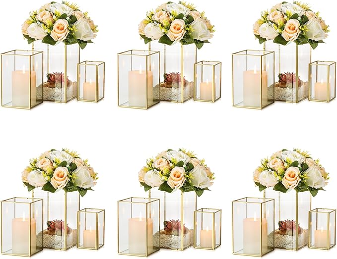 Glass Hurricane Candle Holder Large - Hewory 18pcs Gold Rectangle Flower Holders Centerpiece for Table, Tall Floor Square Pillar Candle Lantern for Wedding, Anniversary, Party, Fireplace, Dining Room-HomvellaHome