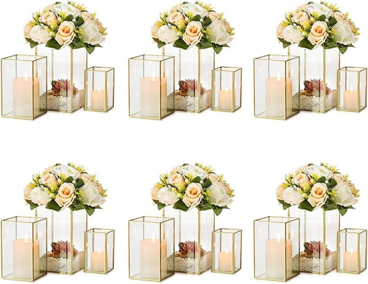 Glass Hurricane Candle Holder Large - Hewory 18pcs Gold Rectangle Flower Holders Centerpiece for Table, Tall Floor Square Pillar Candle Lantern for Wedding, Anniversary, Party, Fireplace, Dining Room-HomvellaHome