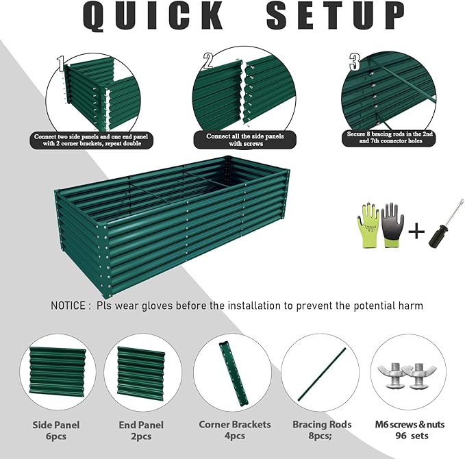 1 Pack 8x3x2FT Galvanized Raised Garden Bed Kit Retangular Metal Ground Planter Box Outdoor Bottomless Planter Raised Beds for Vegetables Flowers Herbs Fruits, Green-HomvellaHome