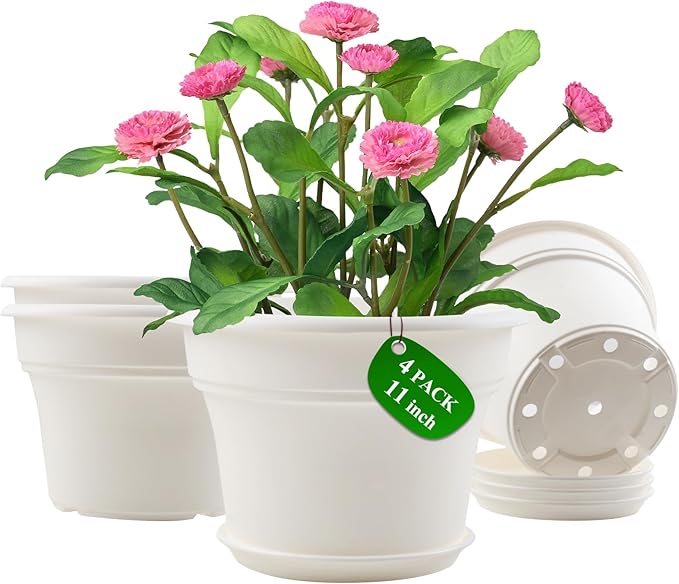 11 Inch Plastic-Flower-Pot-for-Indoor-Plants, 4 Pack Large Outdoor Planter Pot with Drainage Holes & Saucers, Resin Decorative Garden Pots Planters-HomvellaHome