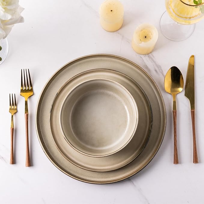 GBHOME Ceramic Dinnerware Sets for 6, 18 Pieces Stoneware Plates and Bowls Sets, Scratch Resistant Dishes, Dishwasher & Microwave Safe, Reactive Glaze-Cappuccino-HomvellaHome