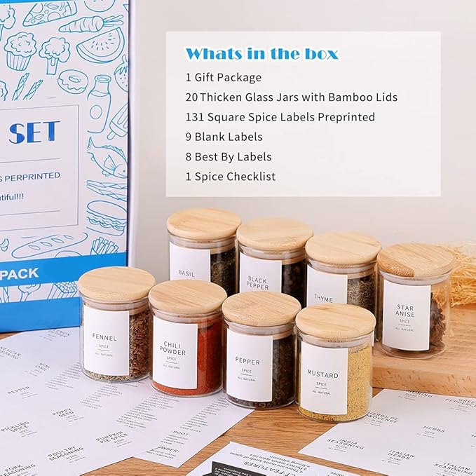 Glass Spice Jars with Bamboo Lids - 20 Pcs Thicken(2.4mm) 6oz Airtight Seasoning Containers with 131 Waterproof Minimalist Spice labels Preprinted - Small herb Jars for Pantry Organization and Storage-HomvellaHome
