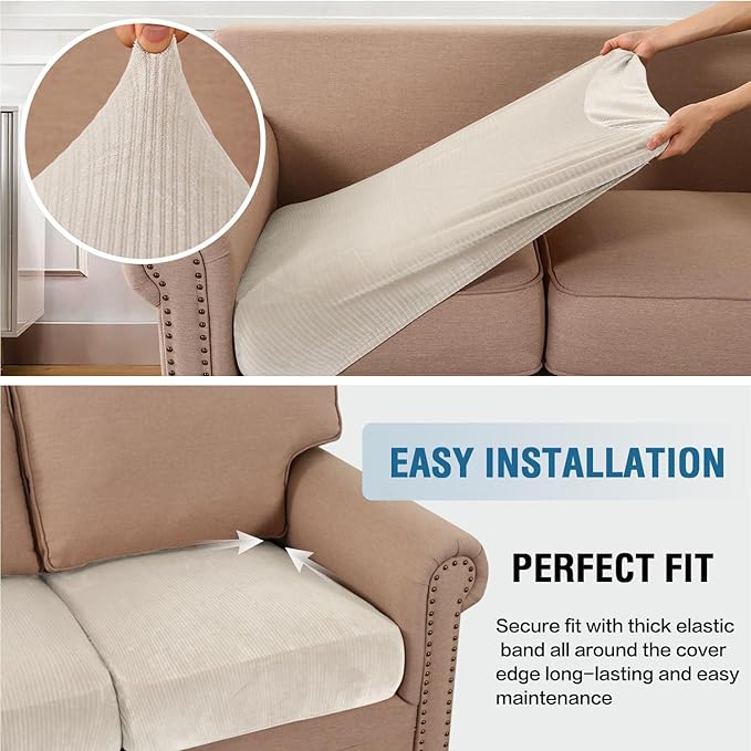 H.VERSAILTEX Velvet Stretch Couch Cushion Cover Plush Cushion Slipcover for Chair Cushion Furniture Protector Seat Cushion Sofa Cover (1 Piece Armchair Cushion Covers, Ivory Striped)-HomvellaHome