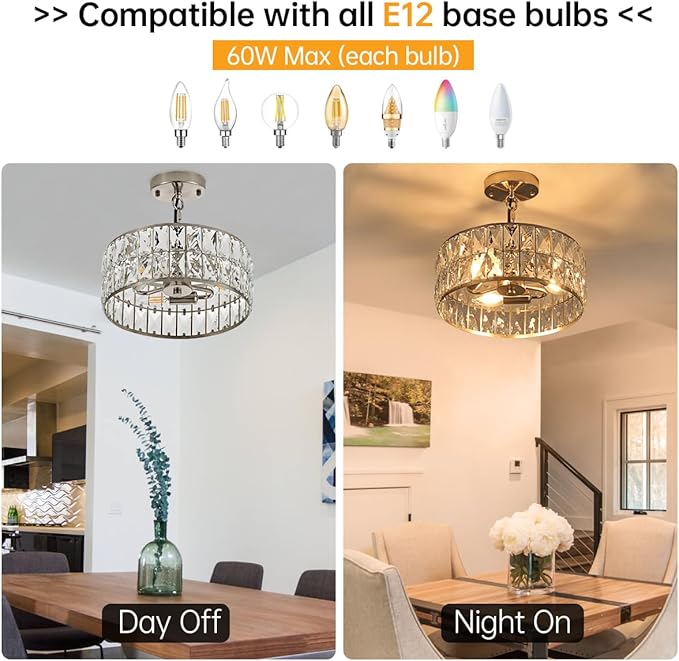 12” 3-Light Modern Crystal Chandeliers Nickel Dinning Room Light Fixture, Round Pendant Light Kitchen Island Chandelier, Flush Mount Ceiling Light for Living Room Entryway Bedroom Foyer-HomvellaHome