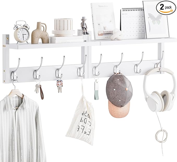 2 Pack Coat Rack Wall Mount, Bamboo Coat Hook with Storage Shelf, Coat Hanger with 8 Dual Hooks, Wall Floating Shelf for Entryway Hallway Kitchen, Bathroom, Bedroom (White+Slive)-HomvellaHome