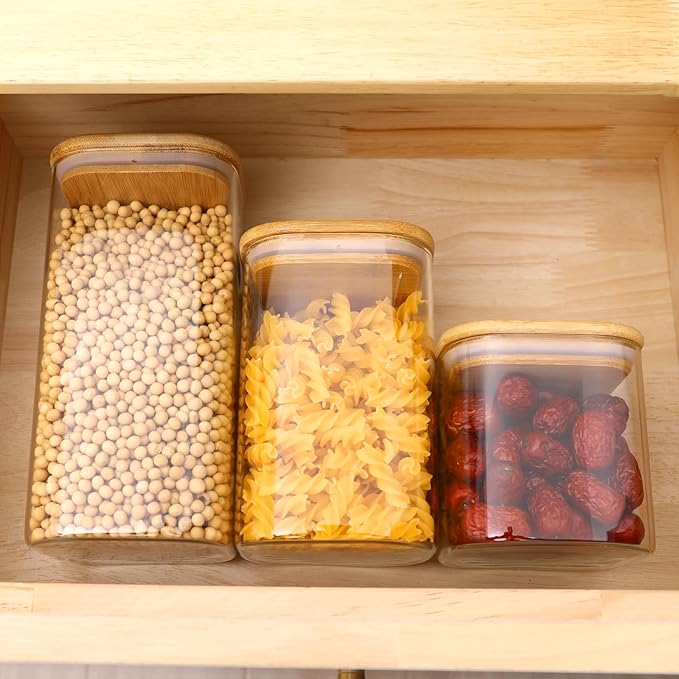 Glass Food Storage Jars with Lids(24oz/37oz/50oz)Square Set of 6 ,Glass Storage Containers Clear Glass Food Canister with Bamboo Lid Airtight For Serving Tea, Coffee Beans, Candy,Spice and More-HomvellaHome