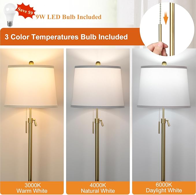 Gold Floor Lamp for Living Room, Tall Standing Lamp 55-65" Adjustable Modern Brass Floor Lamps for Bedroom Reading Office Kids 3 Color Lights Corner Night Stand (9W LED Bulb, White Shade)-HomvellaHome