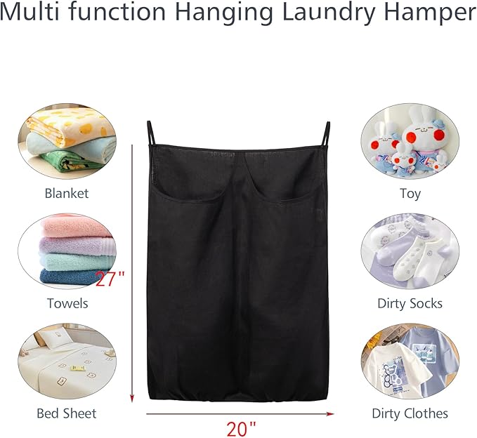 100% Pure Linen Dual Hanging Laundry Bag with 2 Deep Pocket and 2 Side Zipper 20x27in, Over The Door Laundry Hamper Space Saving Hampers for Dirty Clothes Home Travel, Black-HomvellaHome