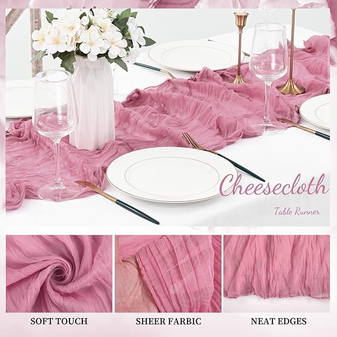 12 Pack Dusty Rose 10FT Cheesecloth Table Runner 20 x 120 Inch Long Rustic Gauze Fabric Cheese Cloth Table Runner for Wedding Bridal Baby Shower Table Decorations Boho Sheer Birthday Party Table Decor-HomvellaHome