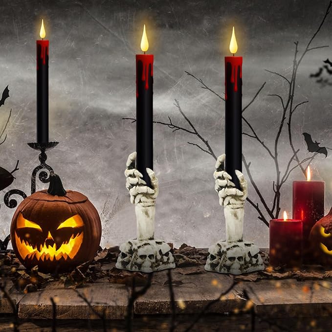 GenSwin Halloween Black Taper Flameless Candles with Ghost Hand Candlesticks and Remote Timer, 2 Pcs Battery Operated Taper Candles with Holder and 3D Flame for Halloween Decor-HomvellaHome